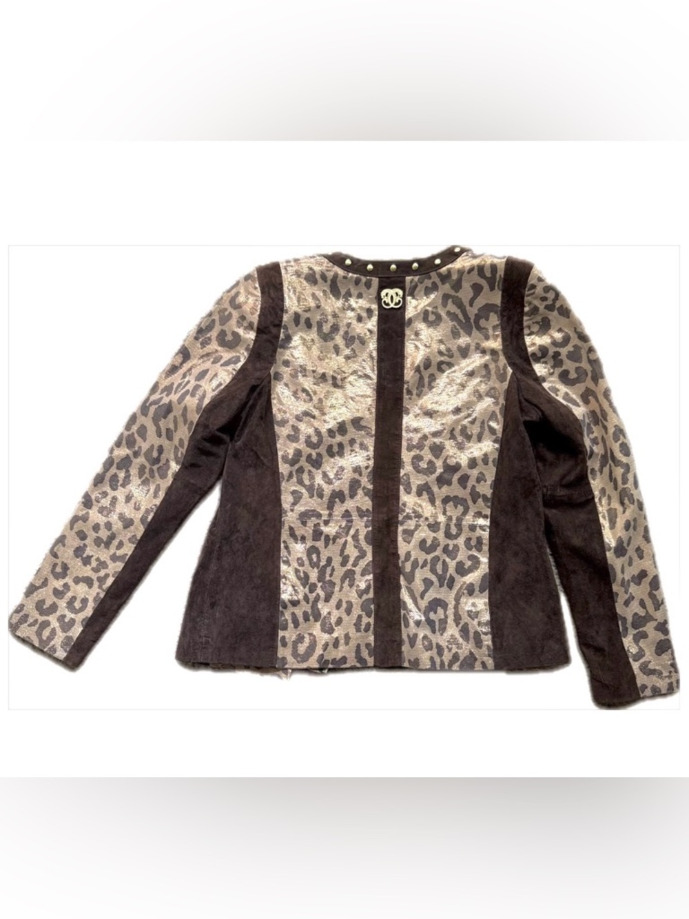 Animal Leopard Print Leather Suede Jacket Studded Military Style Zip Front M - Picture 16 of 17